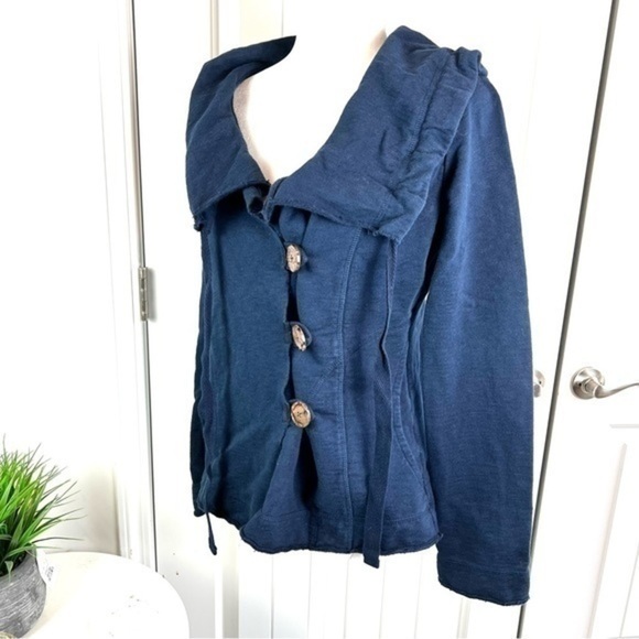 Lucky Brand Womens Jacket Coat Blue Waterfall Ruffle Neck Buttons Drawstring M - Picture 2 of 8